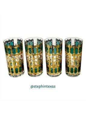 Culver Emerald Scroll Glasses Set 4 Vintage 22K Gold Green Highball Signed